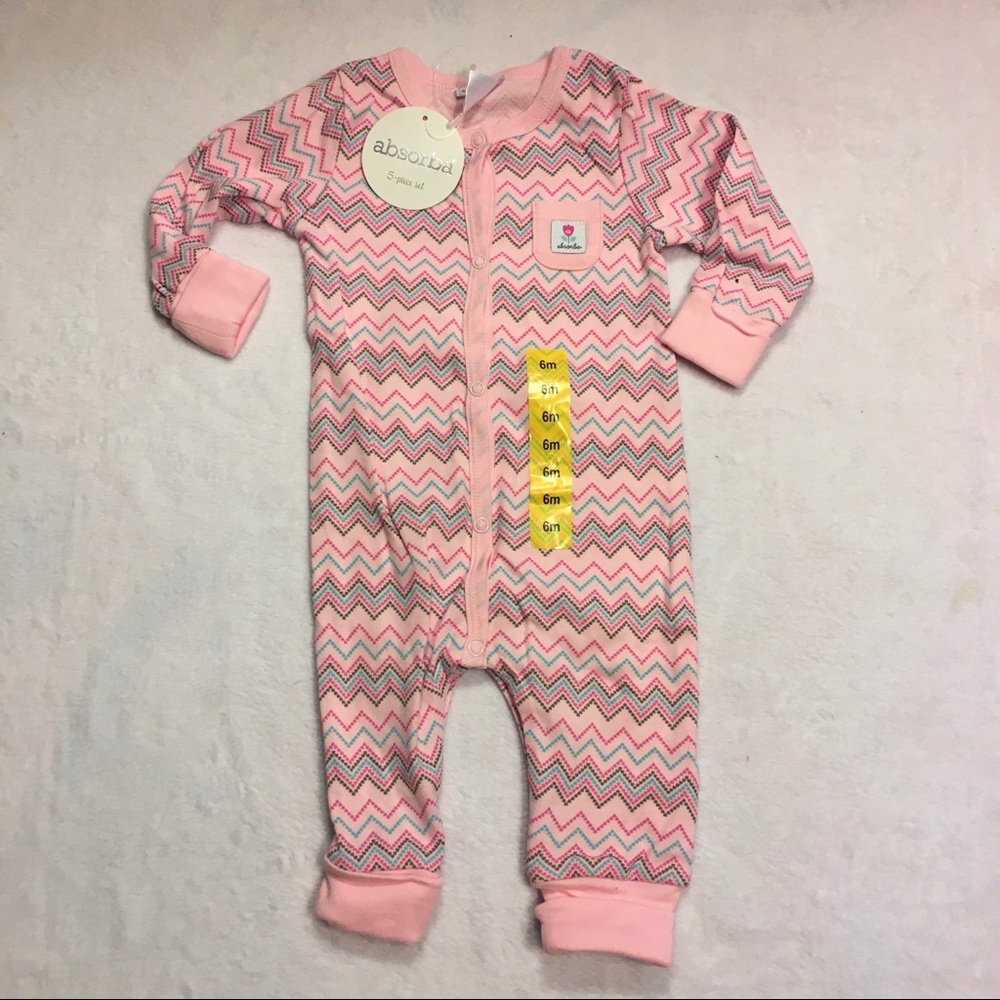 Absorba One Piece Sleeper Baby Girl 6M Pink New‎ Chevron Zig Romper
